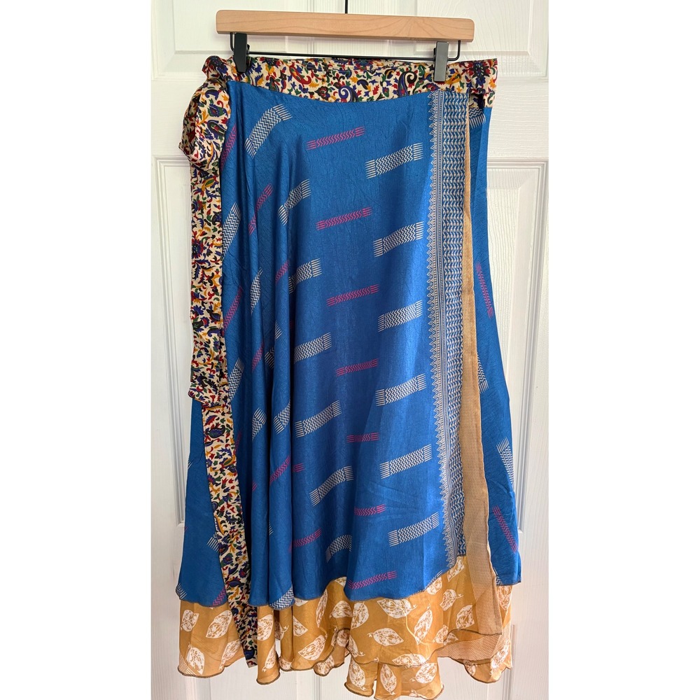 Jaded Gypsy Sari Wrap Skirt OS Blue Mustard Mixed Print Boho Maxi NWT